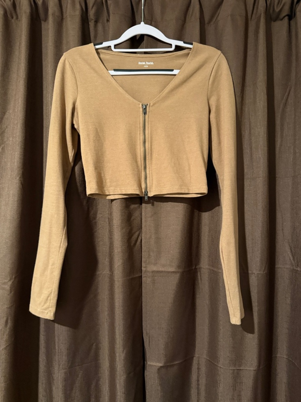Hollister Cropped Zip-Front Long-Sleeve Top in Camel